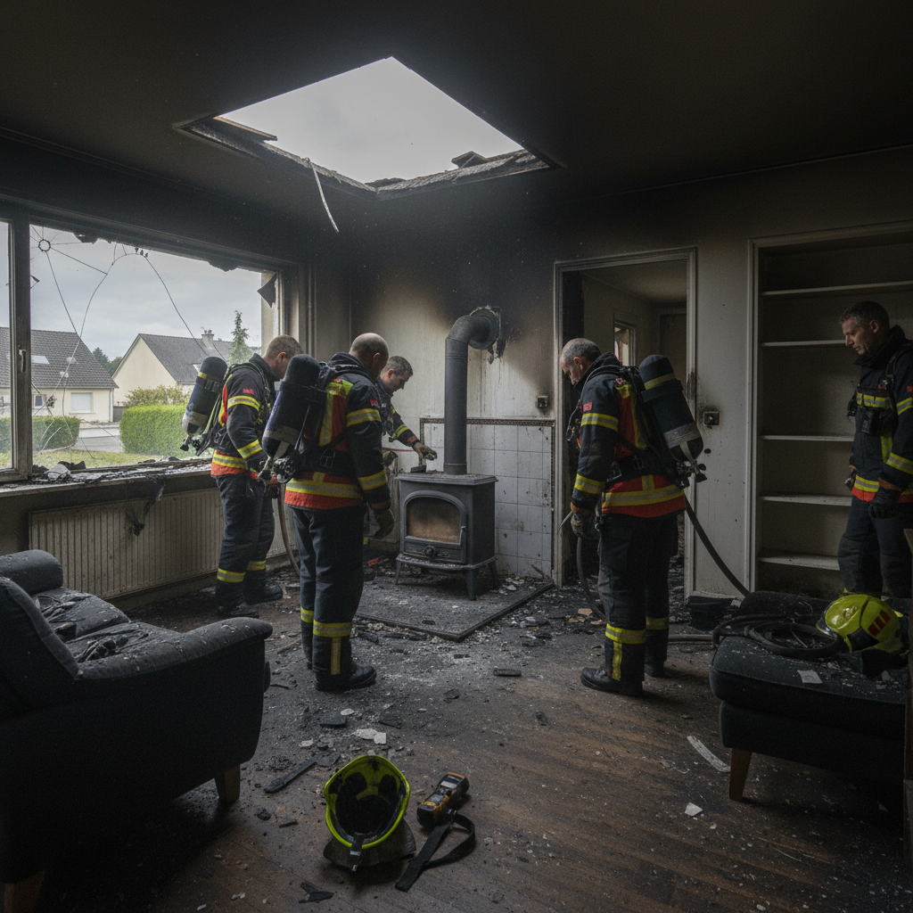 une explosion de poêle à bois à l'ouest de rennes provoque un incendie domestique. une mère est grièvement brûlée et ses enfants hospitalisés pour intoxication, une intervention d'urgence est en cours.
